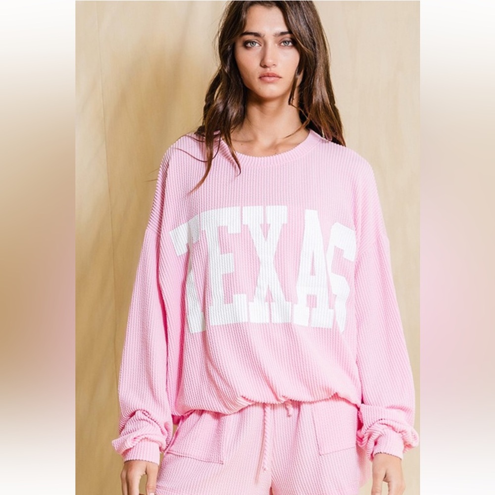 454. “TEXAS” baby pink ribbed comfy pullover sweatshirt